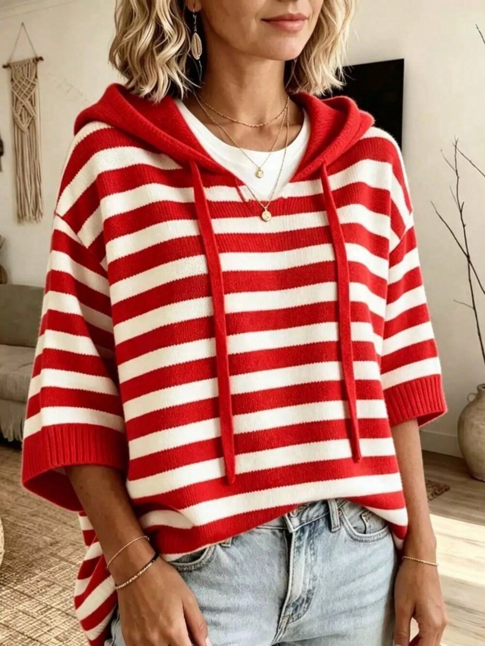 Red Casual Women's Loose Drawstring Hooded Striped Knit Top